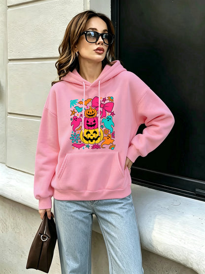 Pumpkin Bow Print Fleece Hoodie