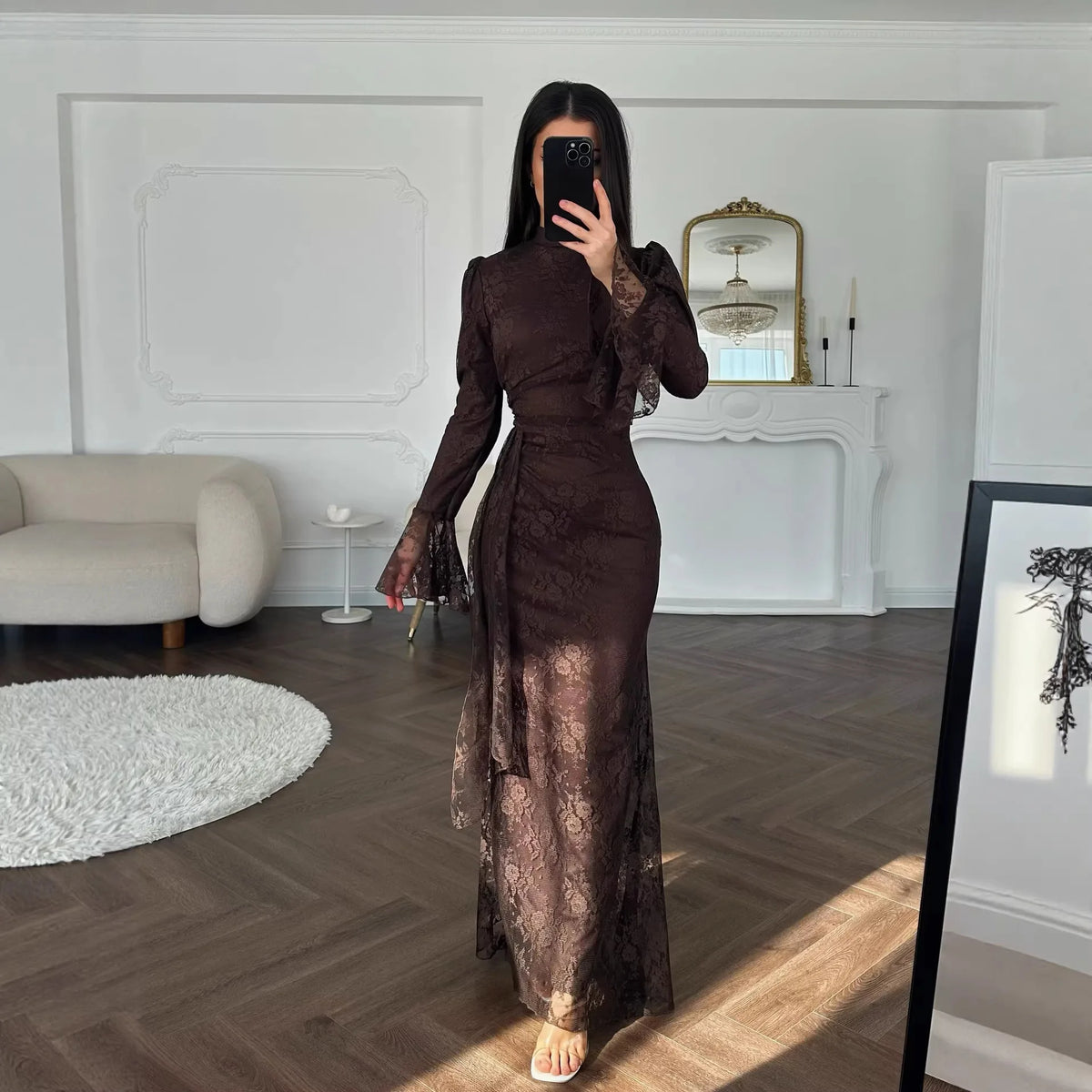 Lace Fitted Bell Sleeve Ankle-Length Dress