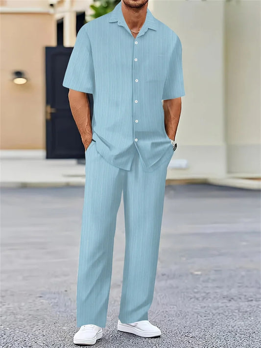 Light Blue Striped Shirt Set