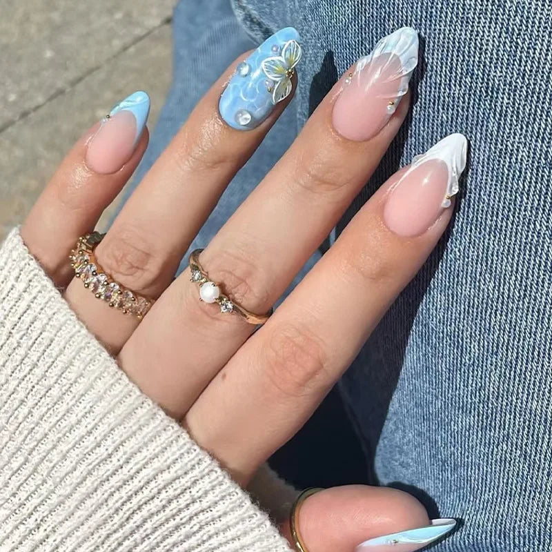 Gradient Blue Flower Press-On Nails