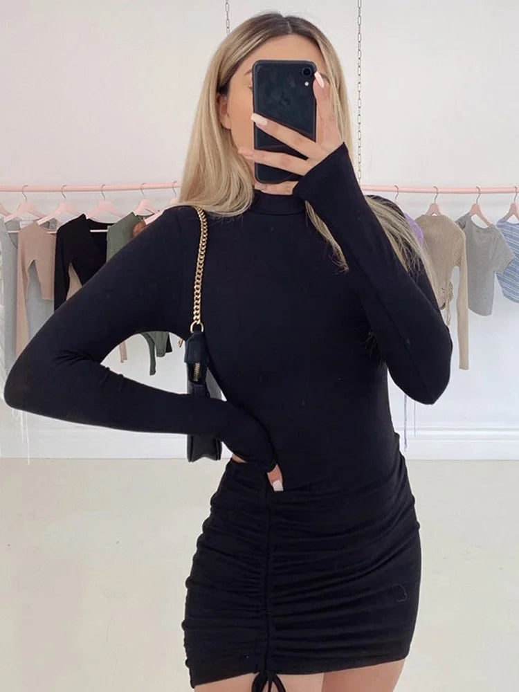 Long Sleeve Ruched Turtleneck Bodycon Mini Dress