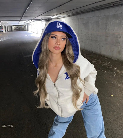 Embroidered Letter Zip Hoodie