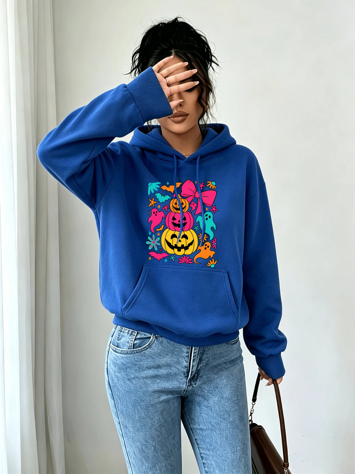 Pumpkin Bow Print Fleece Hoodie