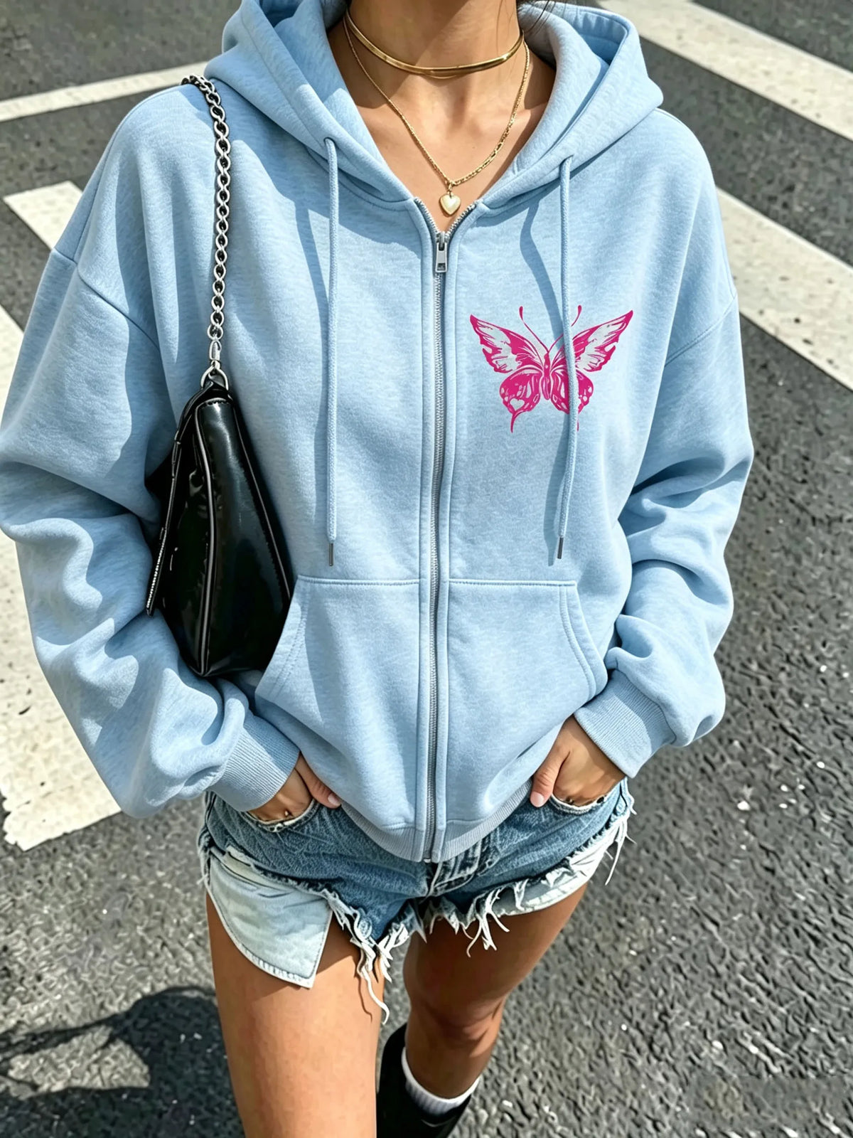 Butterfly Drawstring Zip Hoodie