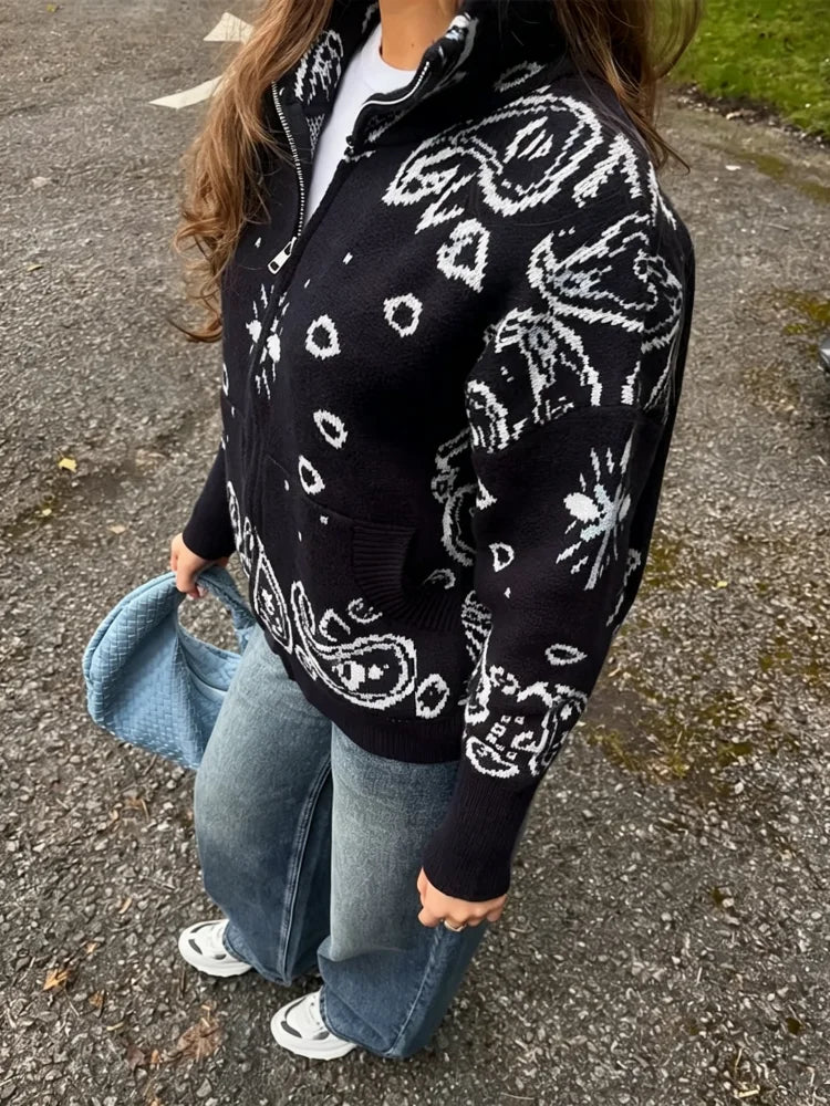 Paisley Zip-Up Knit Cardigan
