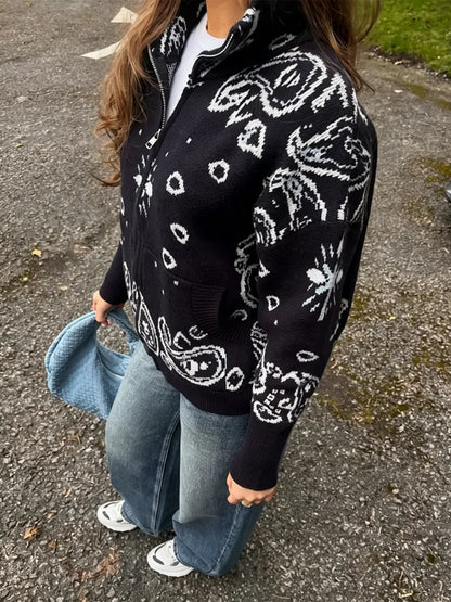Paisley Zip-Up Knit Cardigan