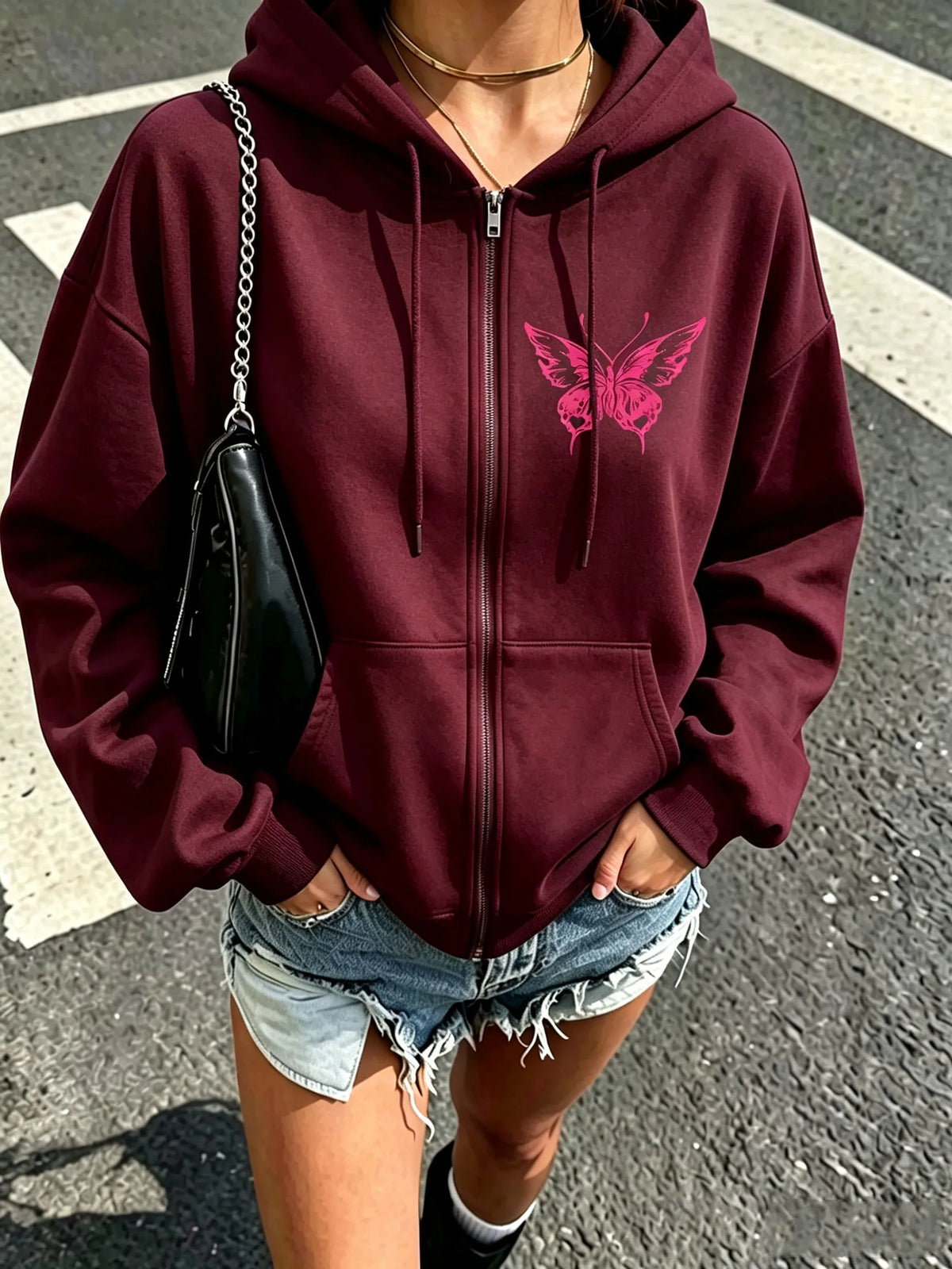 Butterfly Drawstring Zip Hoodie