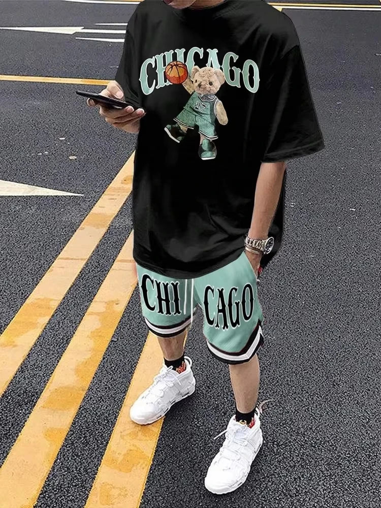 Cartoon Bear 3D Print T-Shirt Set