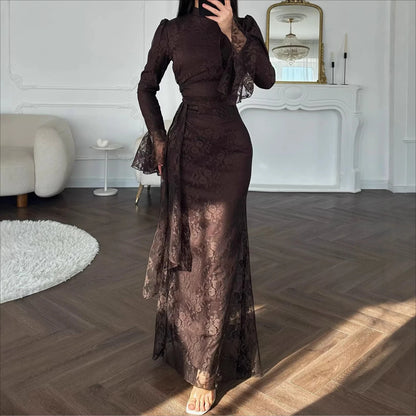 Lace Fitted Bell Sleeve Ankle-Length Dress