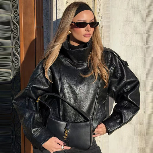 Cropped Faux Leather Bomber Jacket