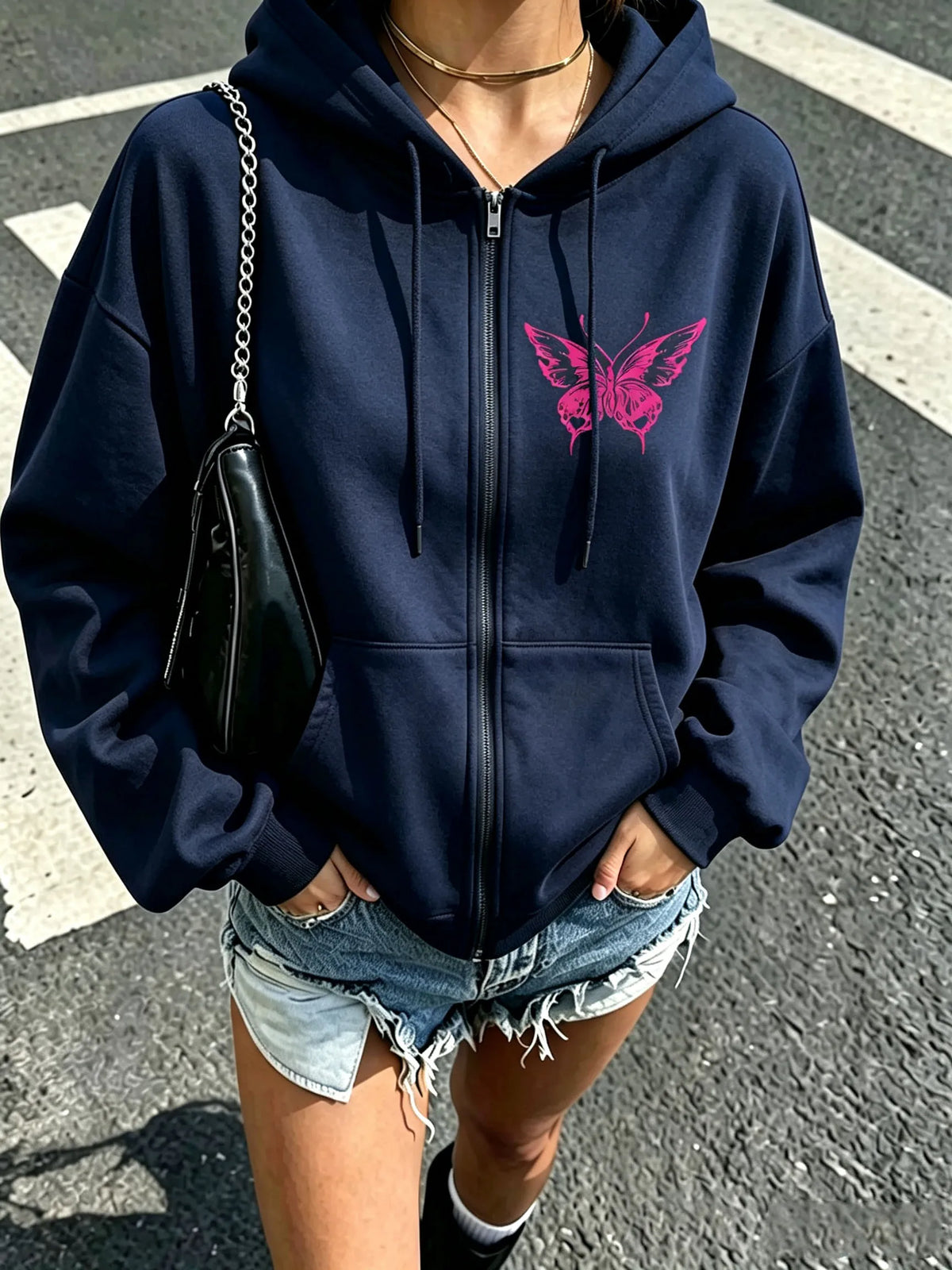 Butterfly Drawstring Zip Hoodie