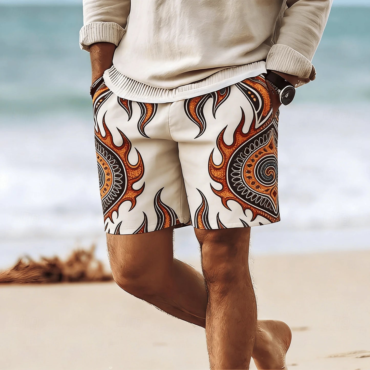 Rhombus Embroidery Drawstring Beach Shorts