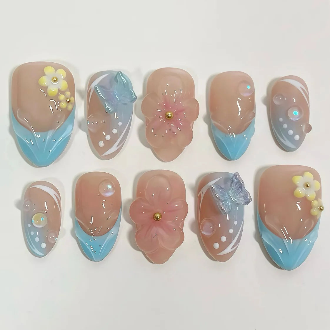 Gradient Blue Flower Press-On Nails