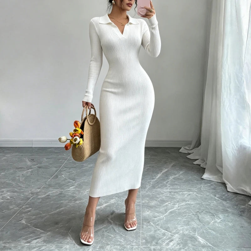 Ribbed Knit Long Sleeve Sweater Dress
