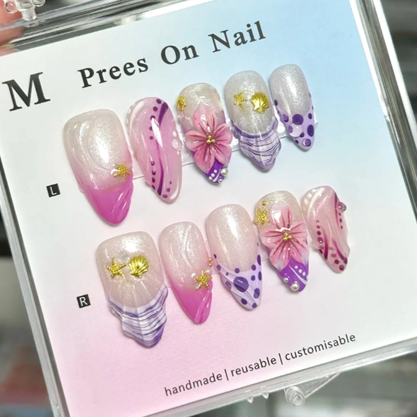 Gradient Blue Flower Press-On Nails