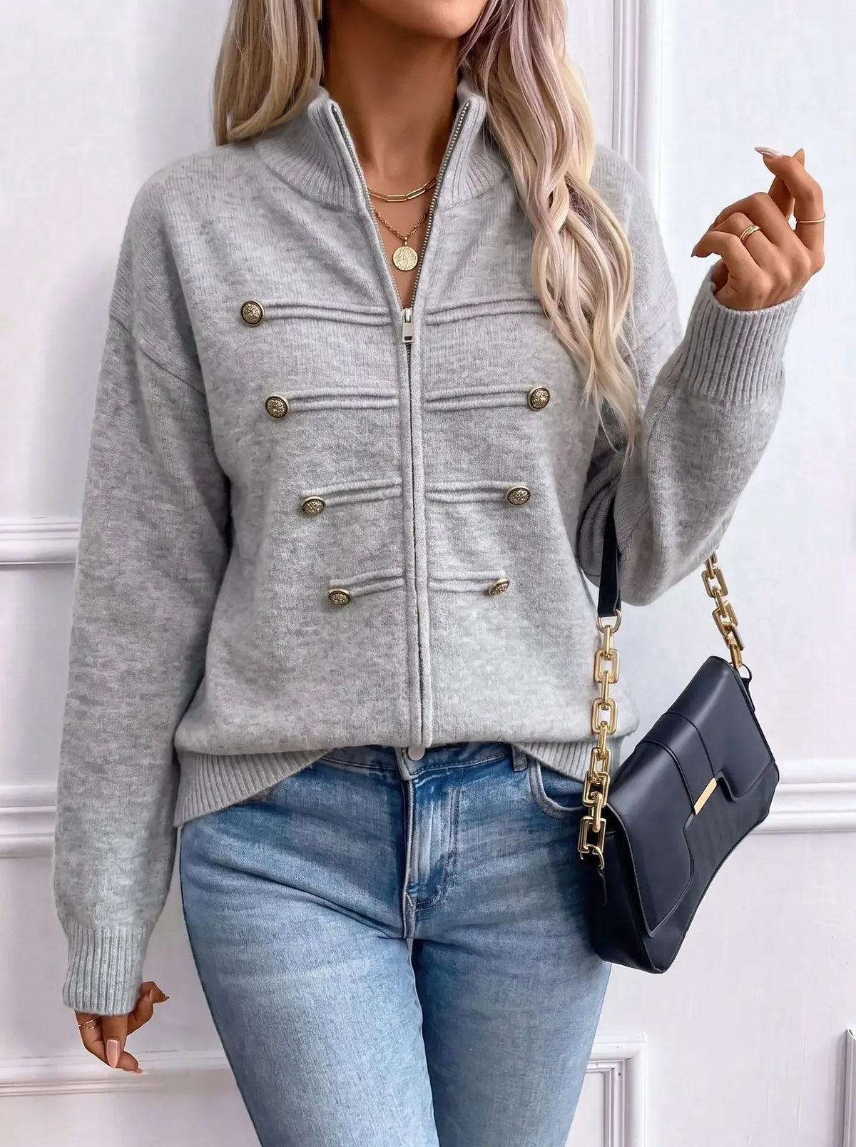 Stand Collar Zip Knit Cardigan