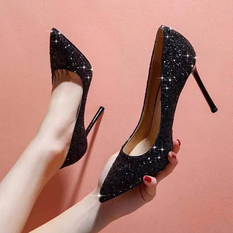 Red Sole Sequin Pointed High Heels