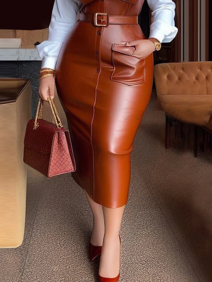 Women's PU Leather Belted Dress