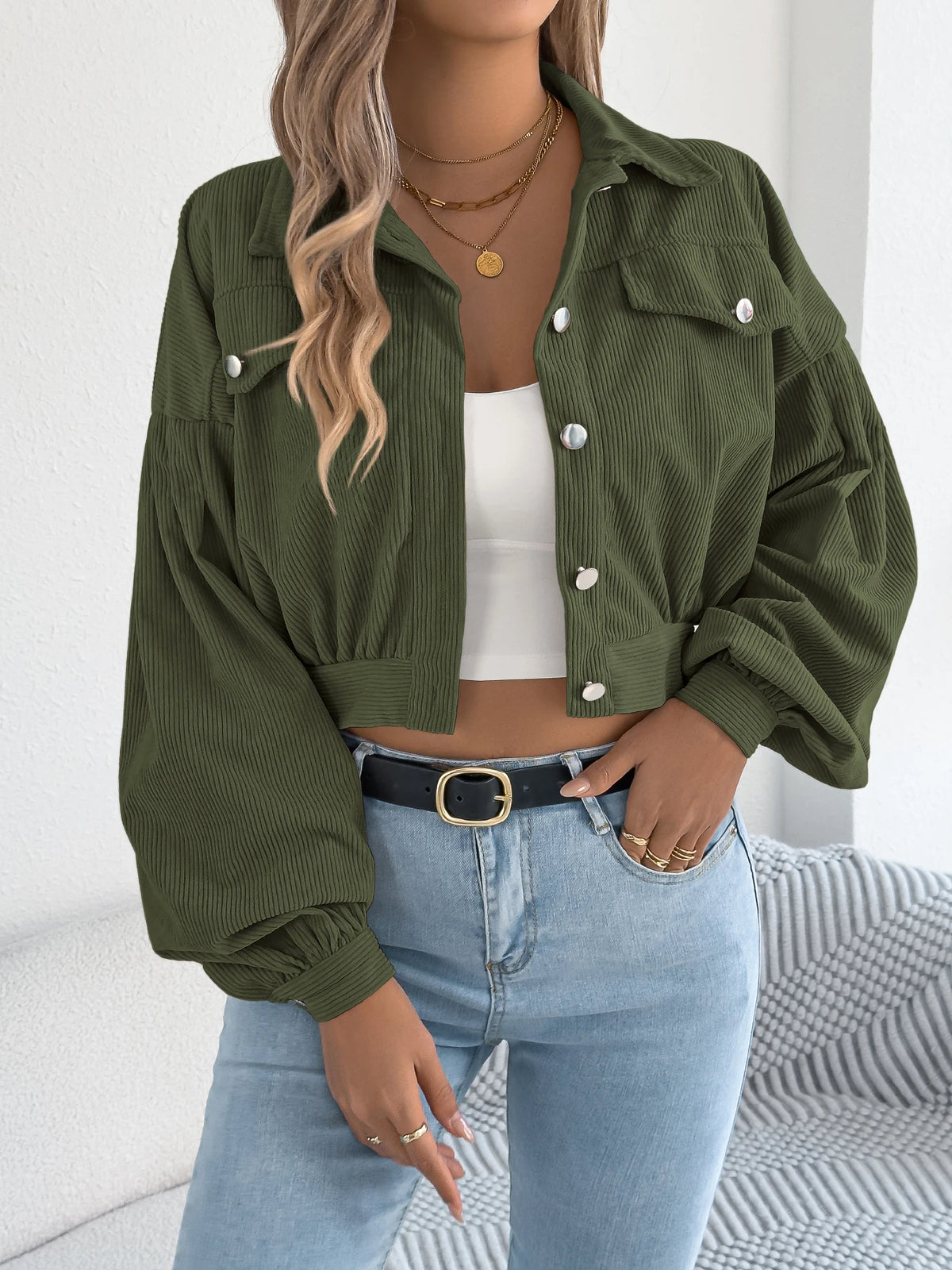 Corduroy Cropped Button Jacket