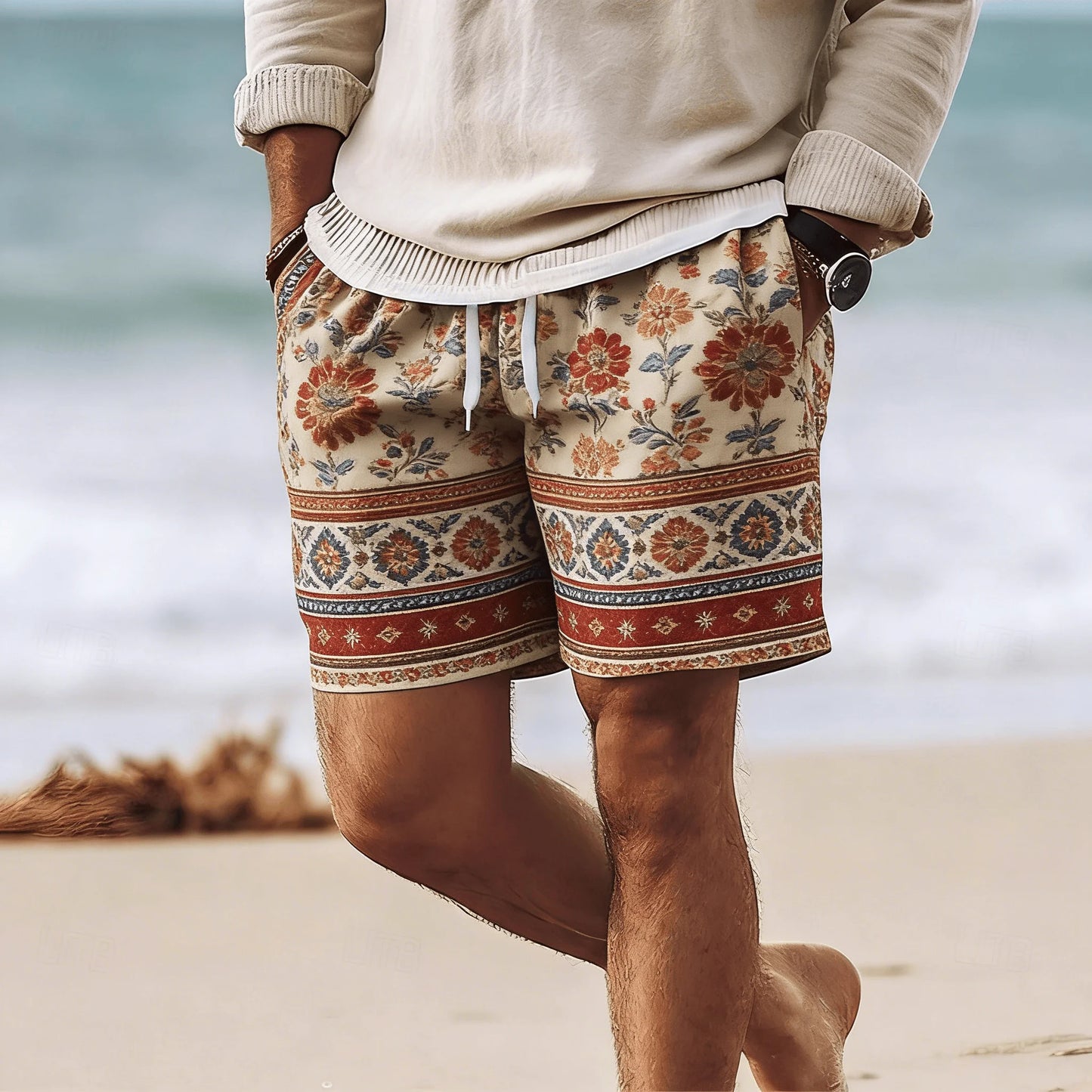 Rhombus Embroidery Drawstring Beach Shorts