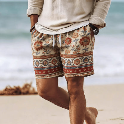 Rhombus Embroidery Drawstring Beach Shorts