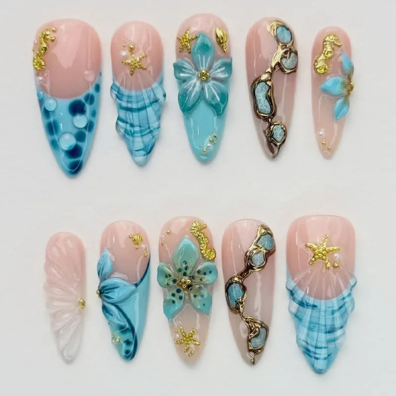 Gradient Blue Flower Press-On Nails