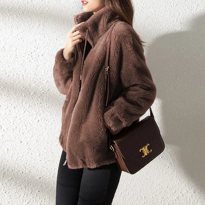 Mandarin Collar Faux Fur Coat