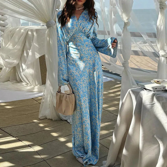 Floral Satin V-Neck Long Dress