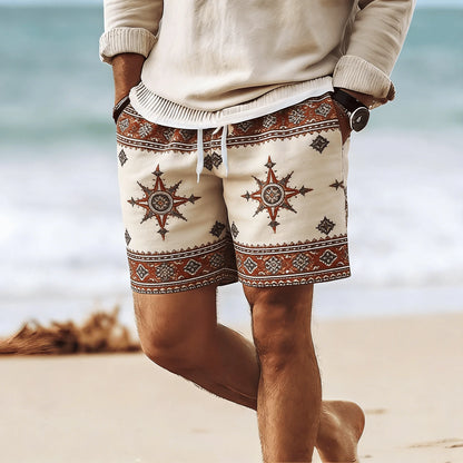 Rhombus Embroidery Drawstring Beach Shorts