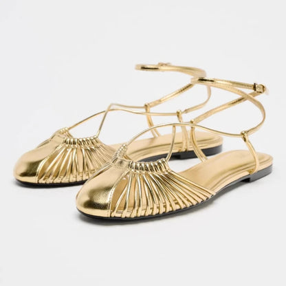 Sylmza Gold Weave Hollow Flat Sandals