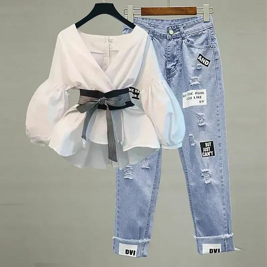 Elegant V-Neck Chiffon Top with Jeans