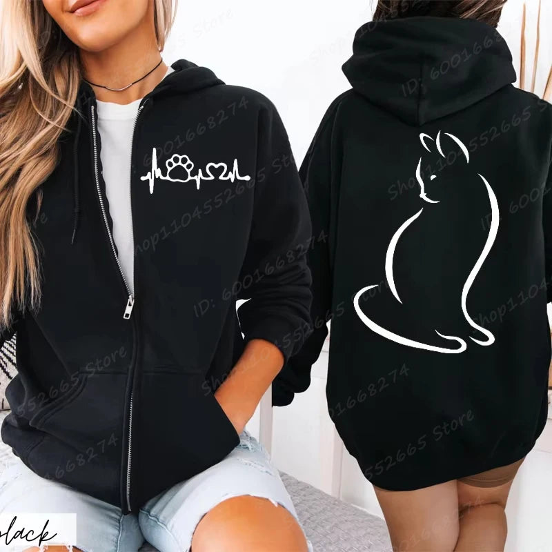 Cat Heartbeat Line Zip Hoodie