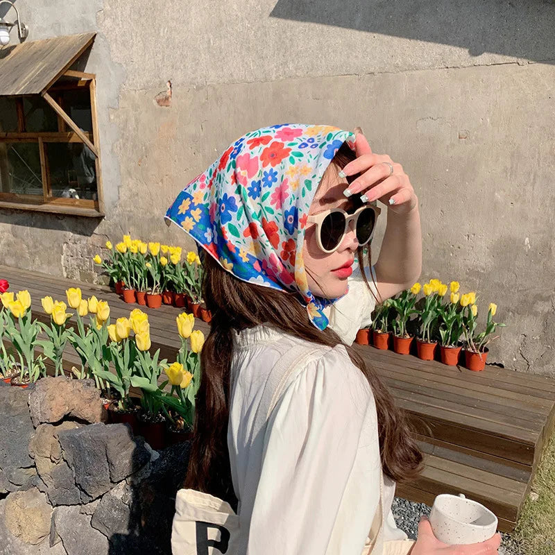 Cotton Linen Square Floral Scarf