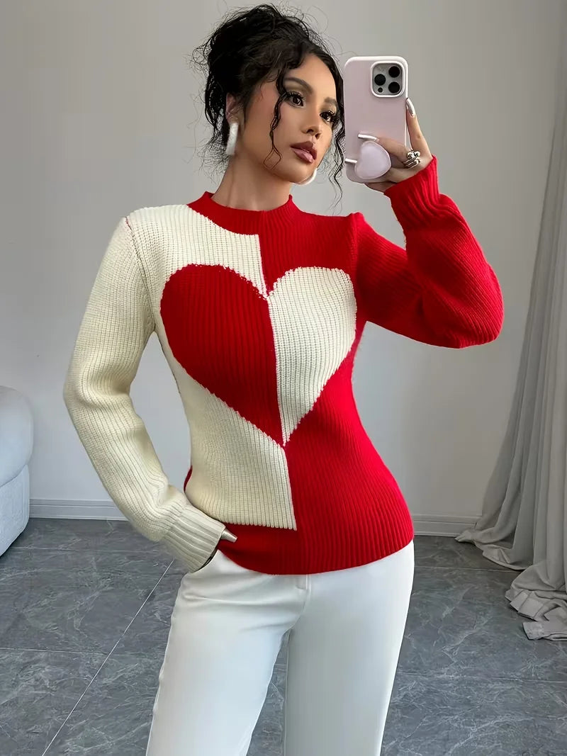 Color-Block Heart Knit Pullover