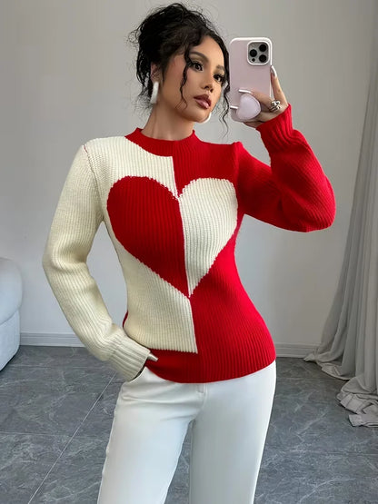 Color-Block Heart Knit Pullover