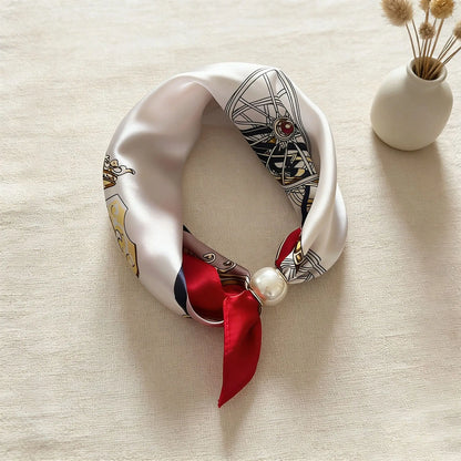 Print Scarf Silk Pearl Buckle