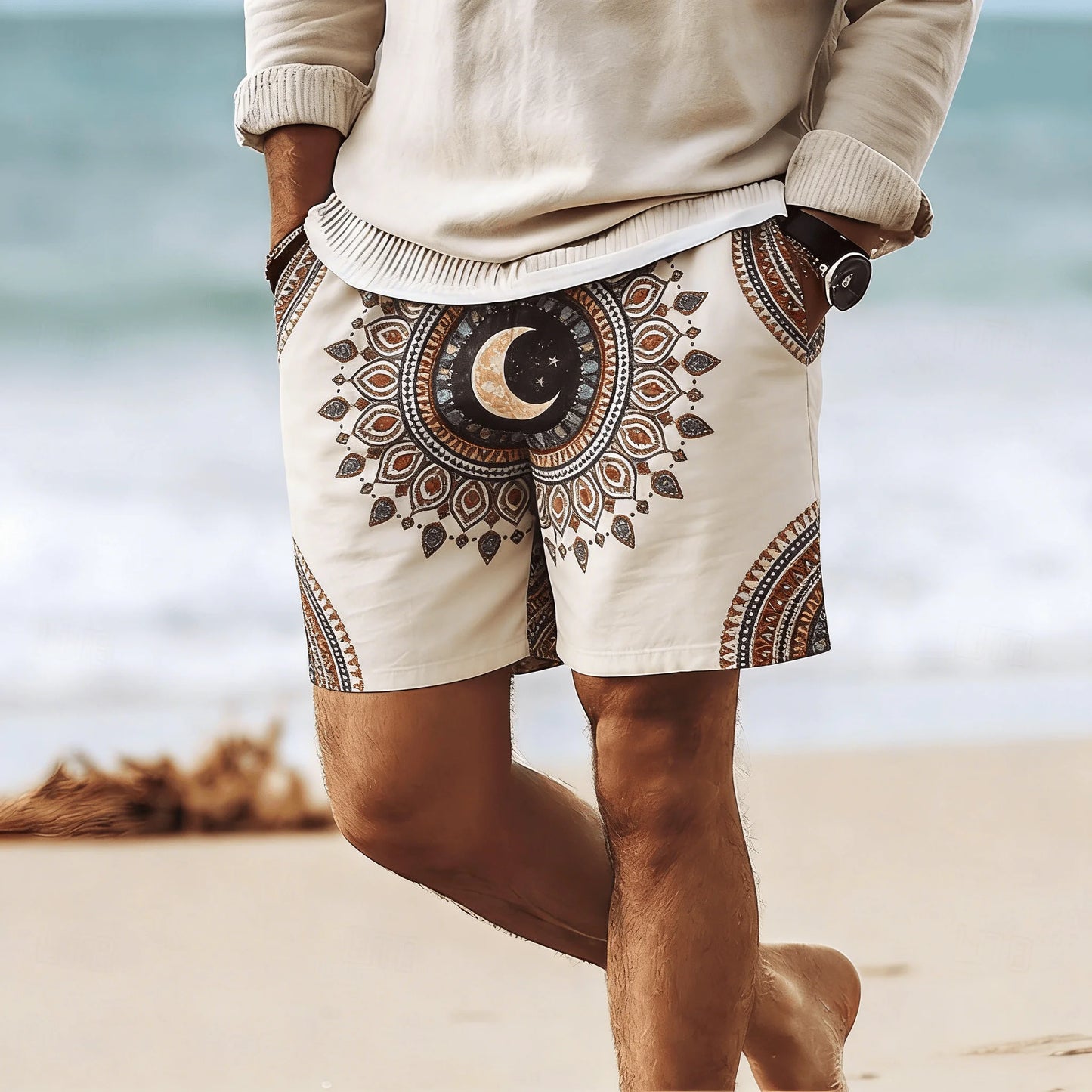 Rhombus Embroidery Drawstring Beach Shorts
