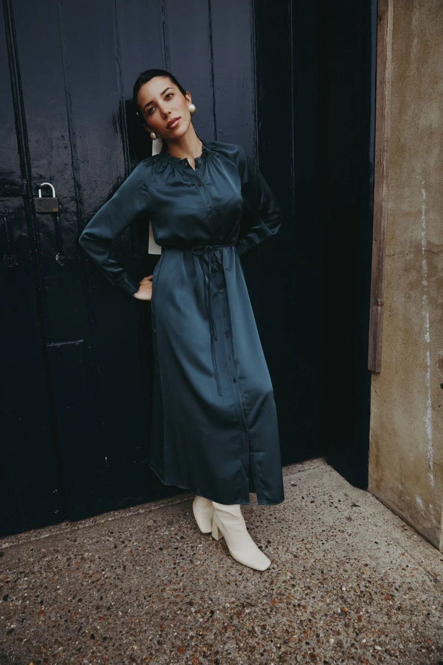 Satin Ruffled-Neck Dress with Removable Belt