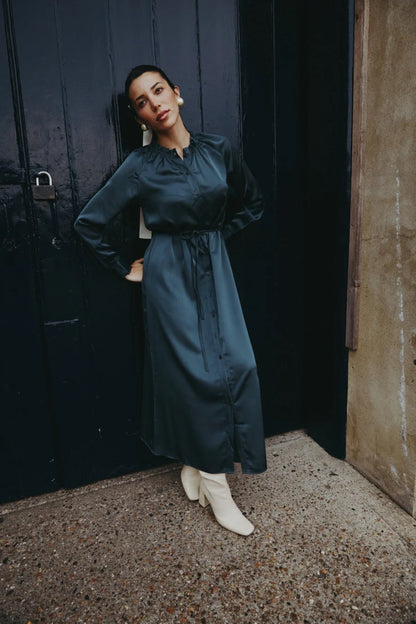 Satin Ruffled-Neck Dress with Removable Belt
