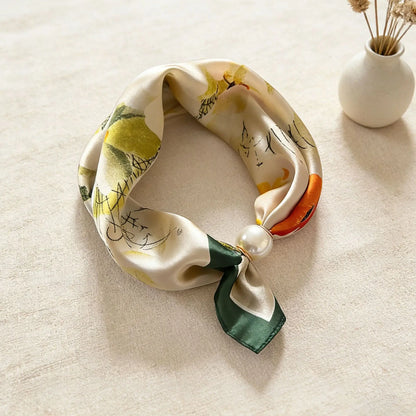 Print Scarf Silk Pearl Buckle