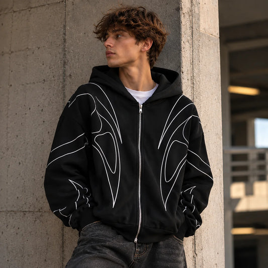 Oversized Line Print Zip Hoodie