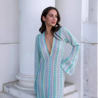 Crochet Striped Flare Sleeve Maxi Dress