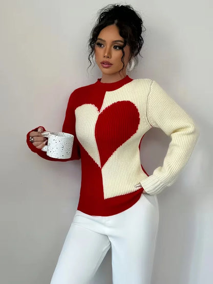 Color-Block Heart Knit Pullover