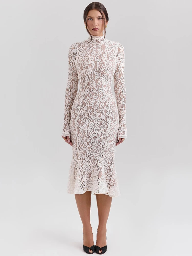 White Lace Half High Collar Midi Dress