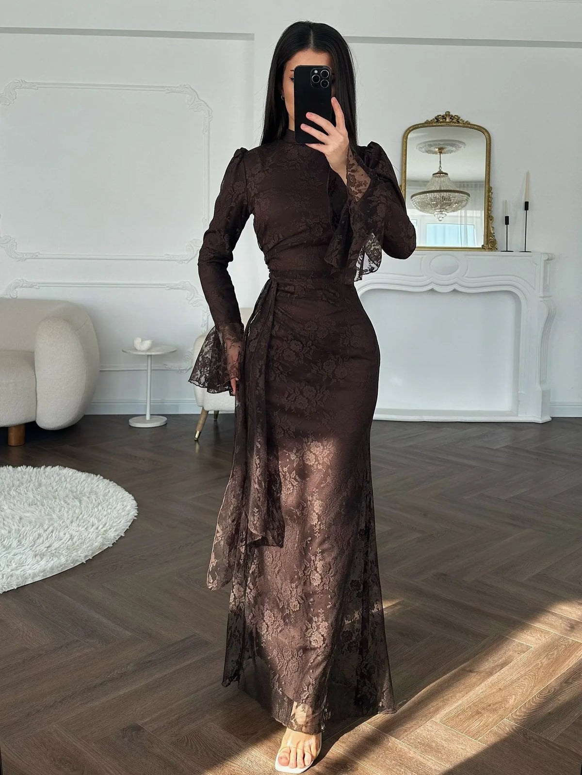 Lace Fitted Bell Sleeve Ankle-Length Dress