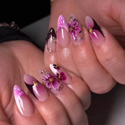 3D Flower Almond Press-On Nails