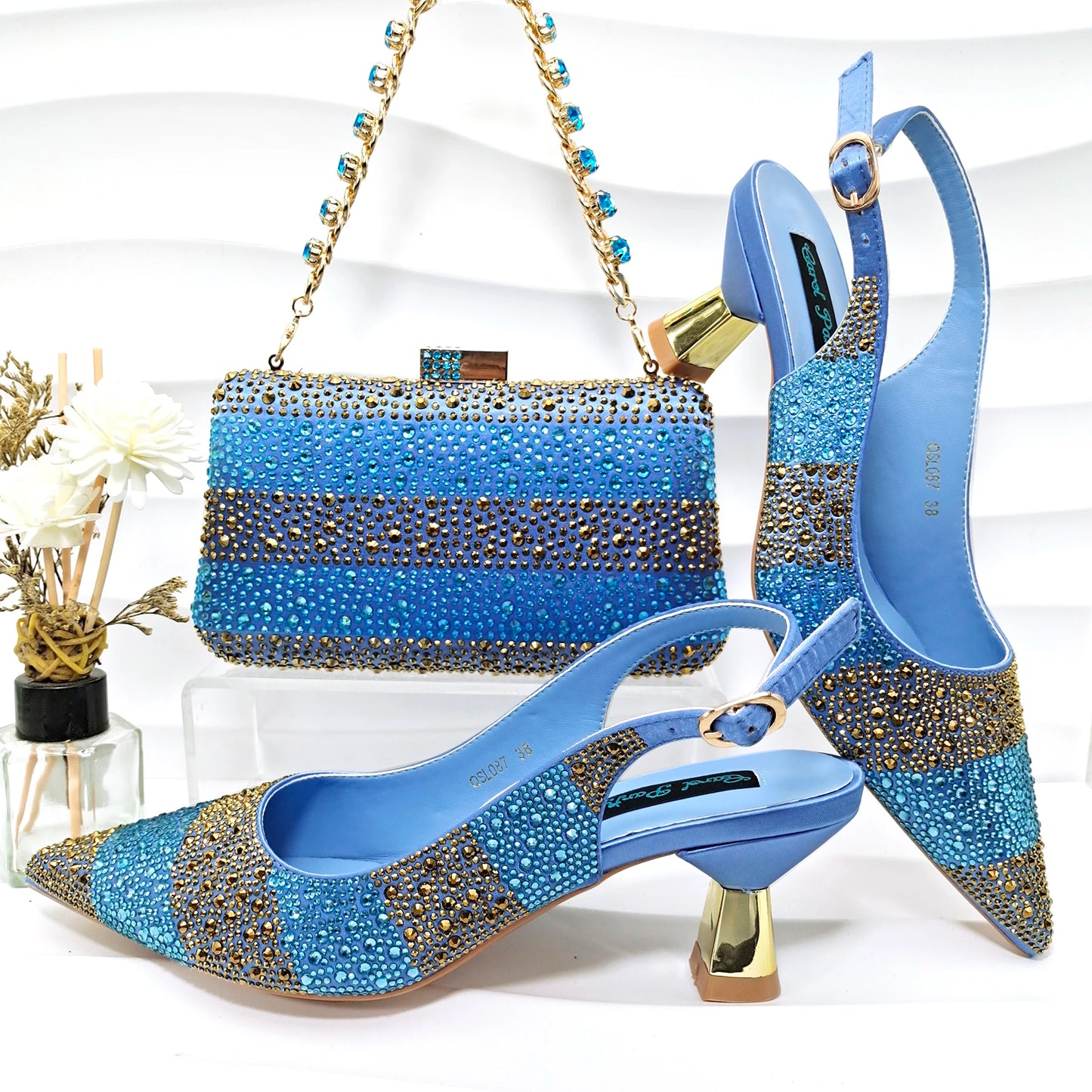 Italian Elegance: Sky Blue Rhinestone Satin Heels
