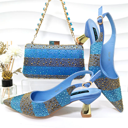 Italian Elegance: Sky Blue Rhinestone Satin Heels
