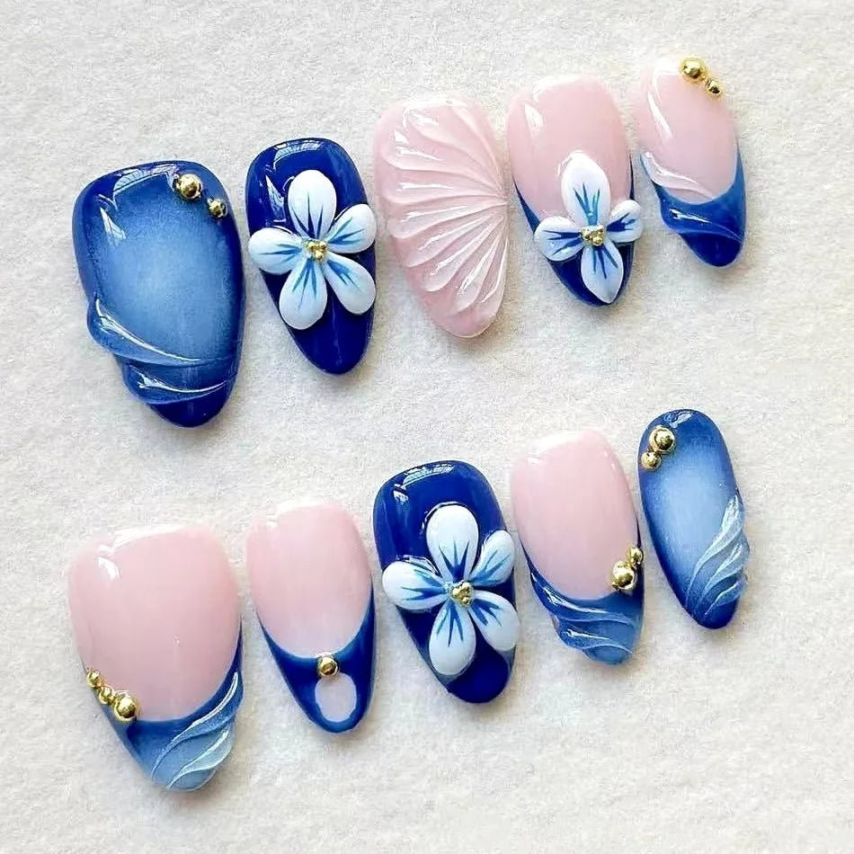 Gradient Blue Flower Press-On Nails