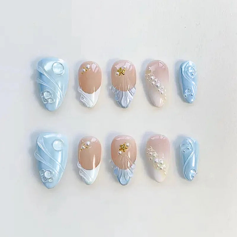 Gradient Blue Flower Press-On Nails